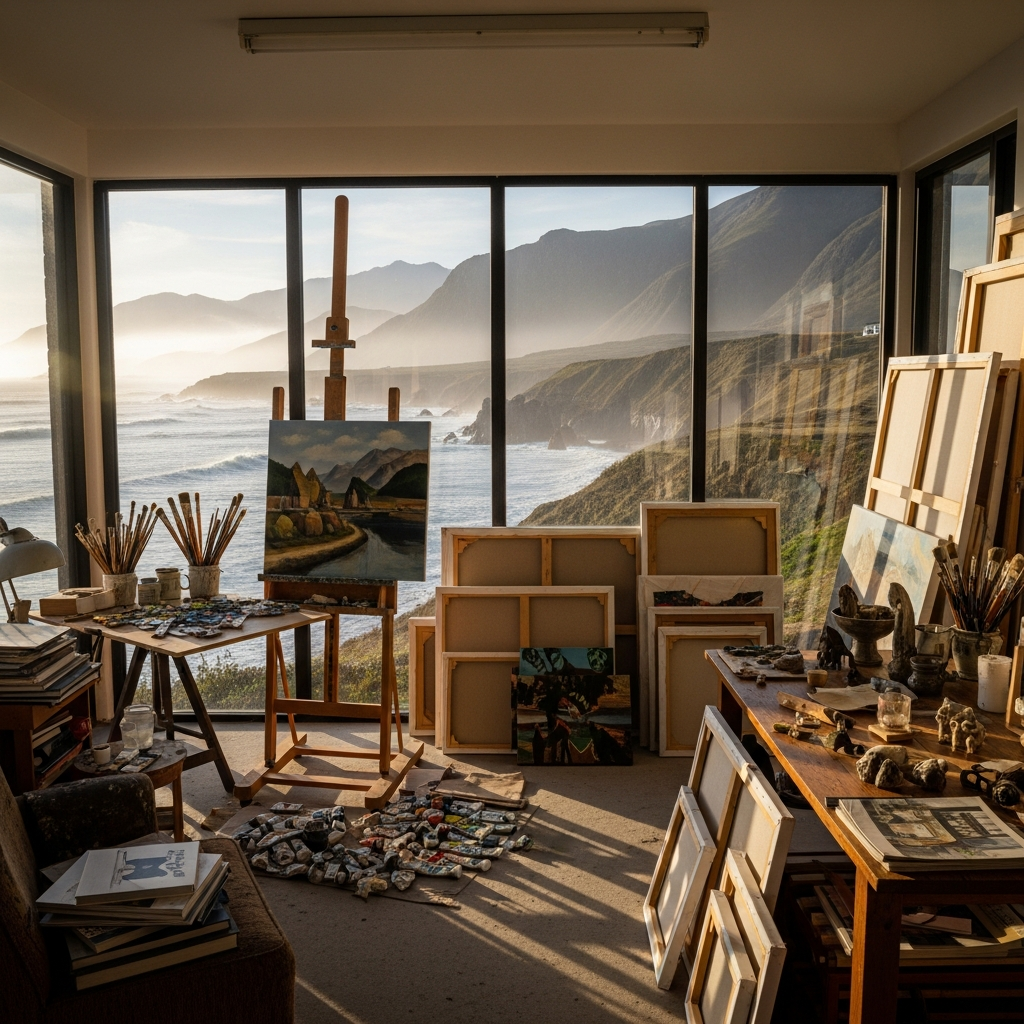 Artist studio interior with large window overlooking unique local landscape providing constant inspiration