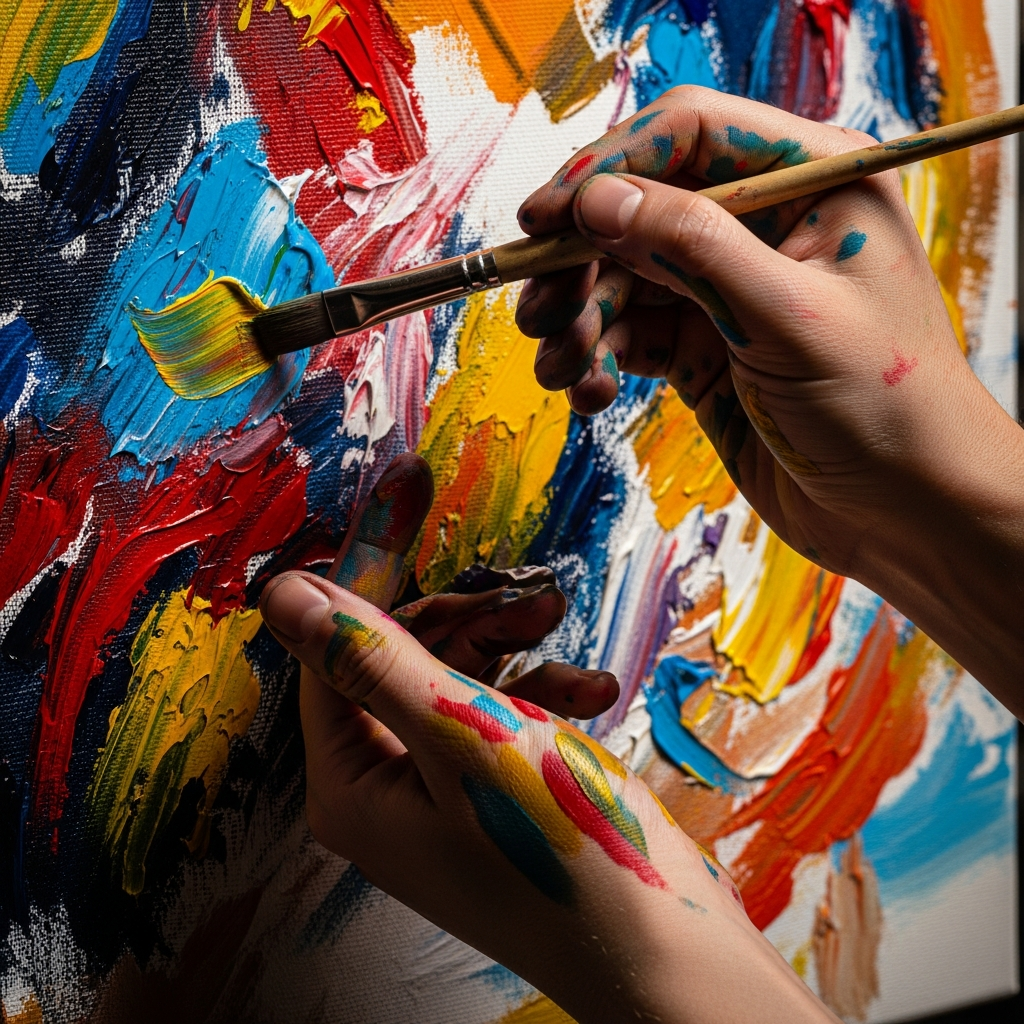 Artist's hands painting with passion showing emotional connection to artwork