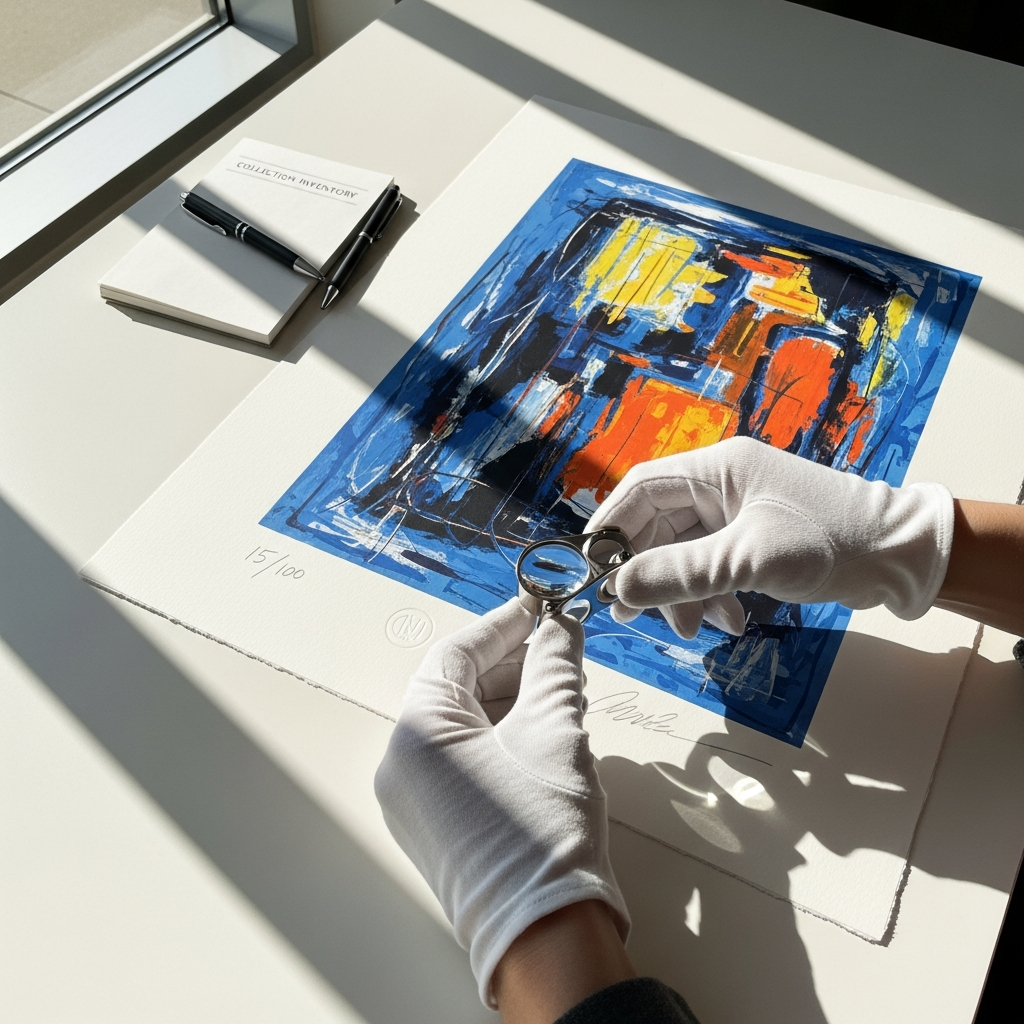 Art collector using magnifying glass to authenticate abstract limited edition print signature and verify edition numbering under natural light
