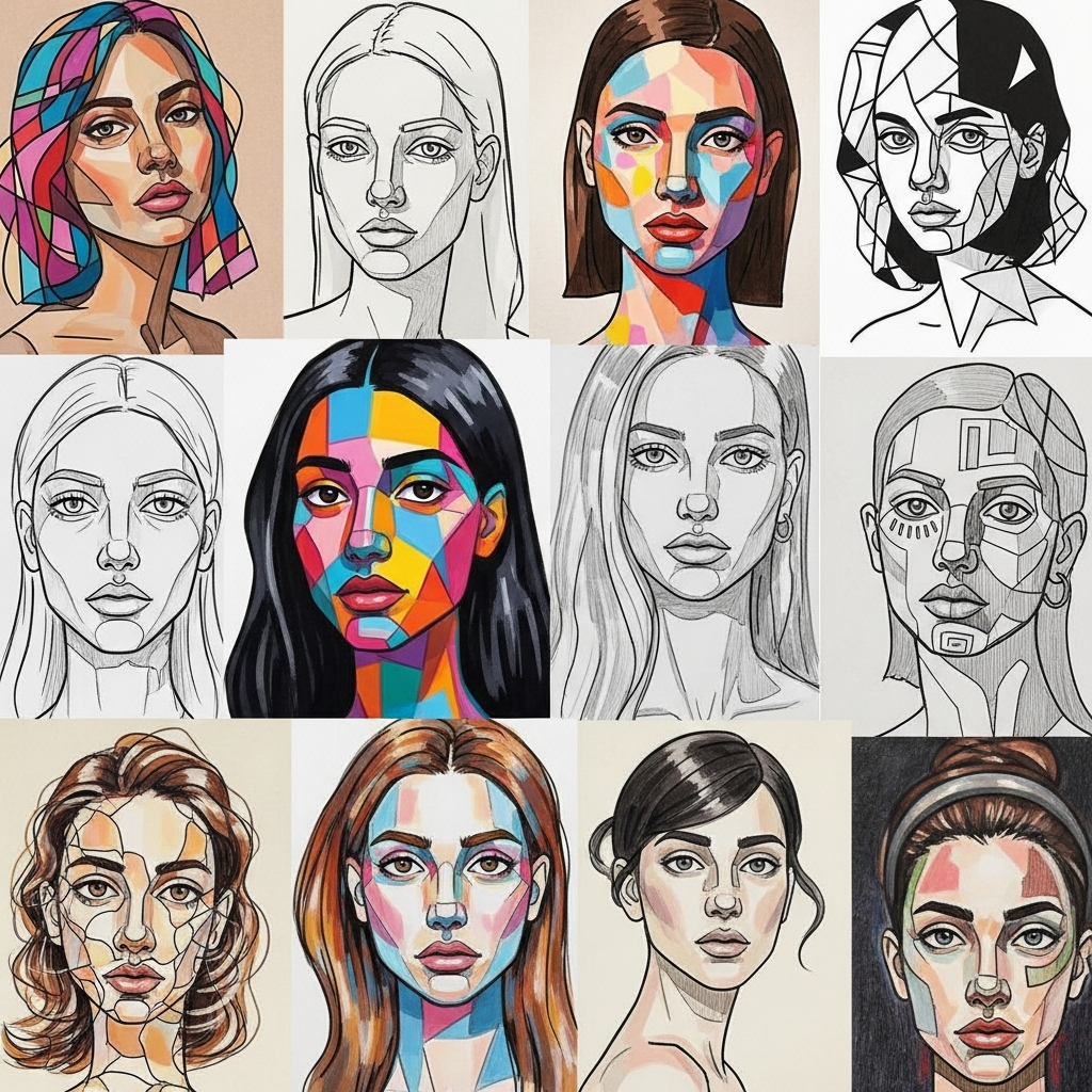 Collection of abstract portrait practice sketches showing different techniques and approaches