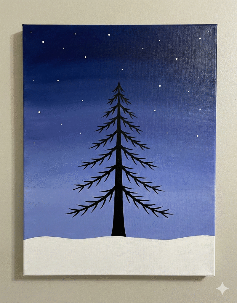 Festive Masterpieces: Your Ultimate Guide to Christmas Canvas Painting 4 Easy beginner Christmas canvas painting with tree silhouette and stars