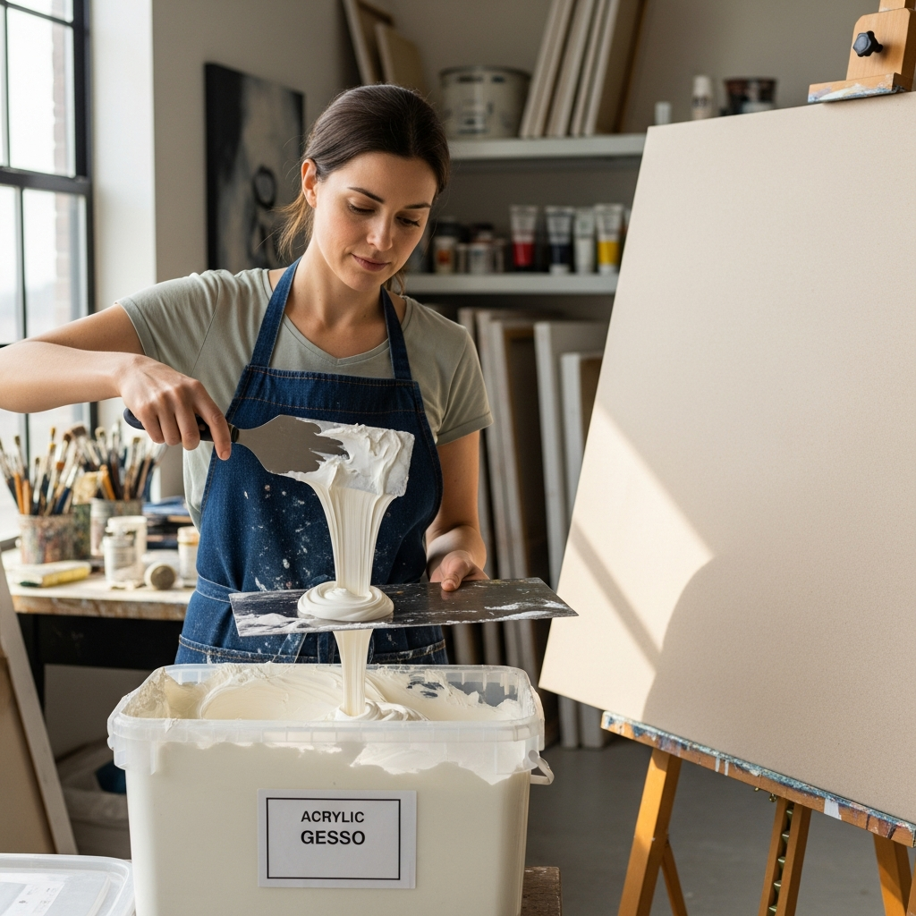 The Definitive Guide to Finding the Best Art Supplies Near Me 5 Artist preparing a canvas by scooping gesso from a large bulk container, demonstrating cost-saving supply acquisition