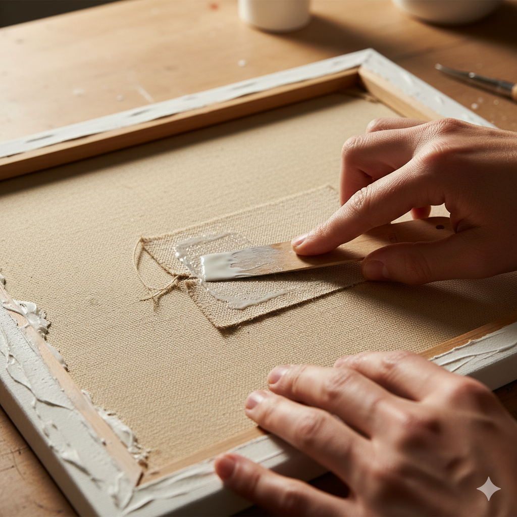From Disaster to Masterpiece: How to Rescue a Painting You Think You've Ruined 10 Close-up photo showing the technical process of patching a small tear on the back of a canvas with fabric and acid-free glue.