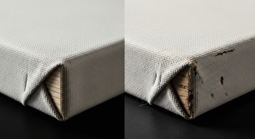 Close-up comparison of a high-quality, tight canvas corner versus a low-quality, lumpy corner, illustrating frame quality.