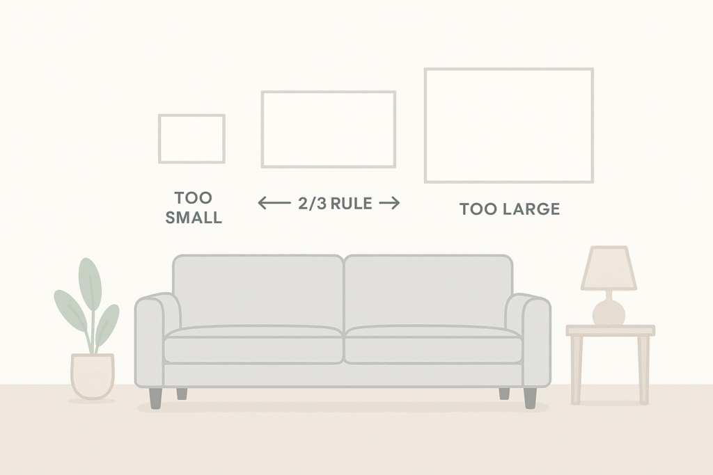 Illustration showing correct proportional sizes for canvas prints above a sofa in a modern living room.