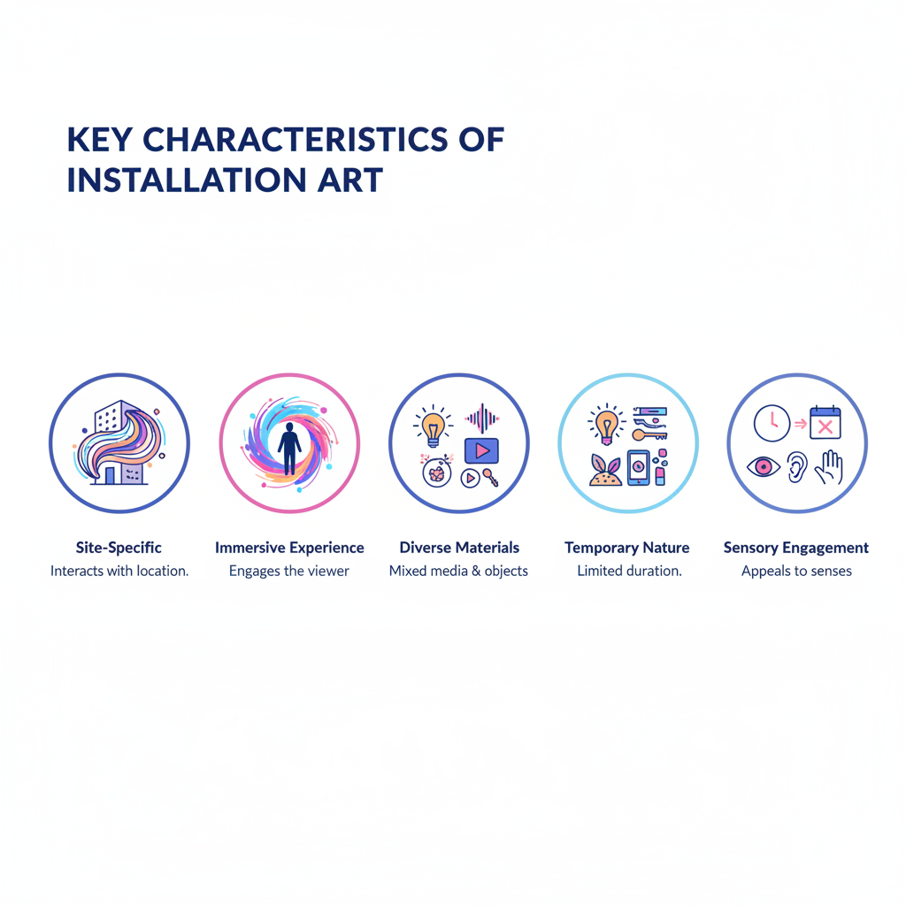 Installation Art Explained: A Guide to Immersive & Transformative Experiences 4 Infographic showing the five key characteristics of installation art: Site-Specific, Immersive Experience, Diverse Materials, Temporary Nature, and Sensory Engagement.