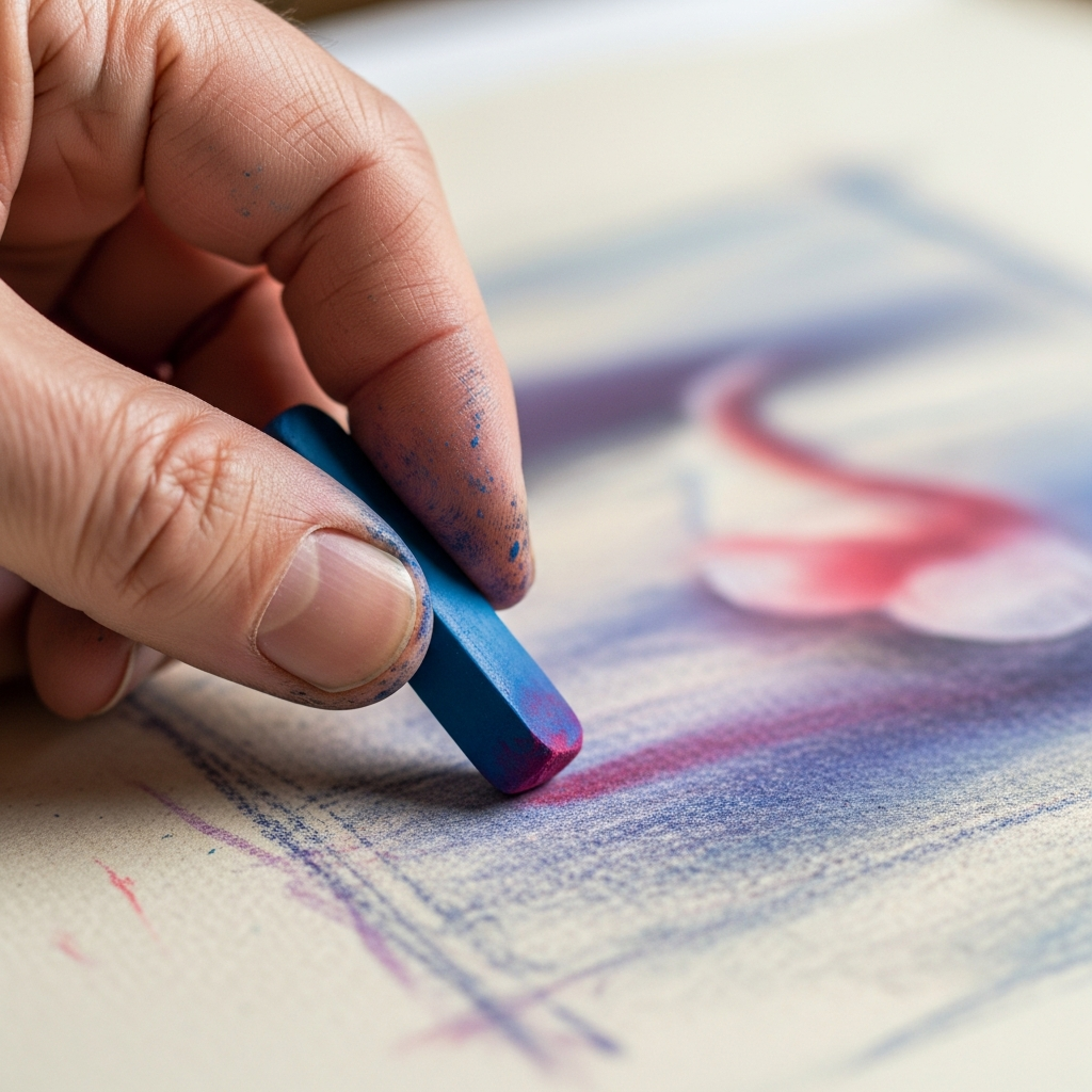 Artist's hand blending soft pastel on paper