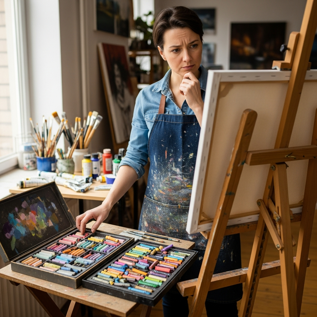 Artist deciding between soft pastels and oil pastels for a new artwork