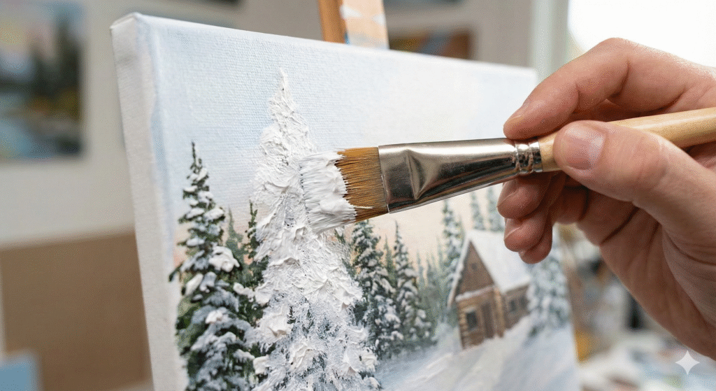Festive Masterpieces: Your Ultimate Guide to Christmas Canvas Painting 6 Painting technique showing dabbing method for snow texture on Christmas canvas