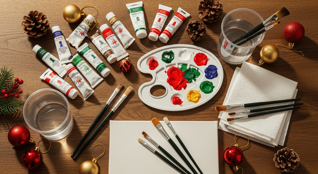 Festive Masterpieces: Your Ultimate Guide to Christmas Canvas Painting 3 Christmas canvas painting supplies with acrylic paints brushes and canvas