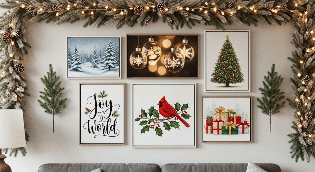Festive Masterpieces: Your Ultimate Guide to Christmas Canvas Painting 8 Display of Christmas canvas paintings arranged as gallery wall with festive decor