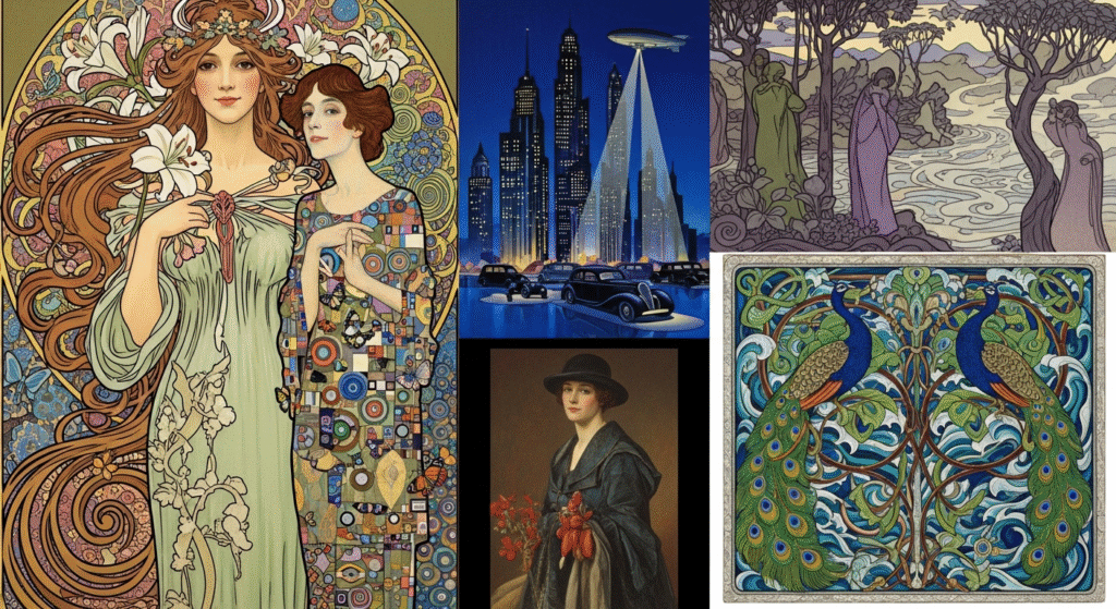 collage of art deco and art nouveau paintings