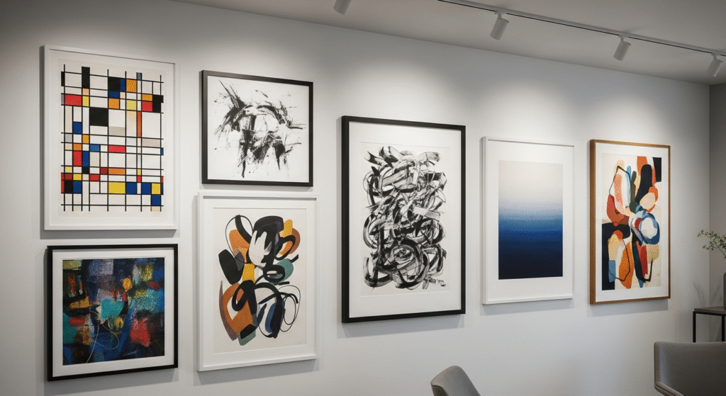 Collection of abstract limited edition prints displayed on white gallery wall with professional framing including geometric, expressionist, and color field styles