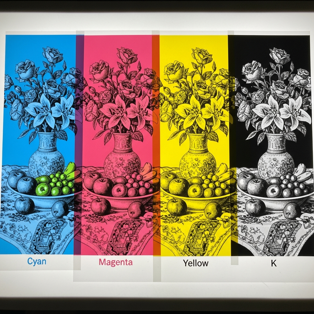 Cyan, magenta, yellow, and black colour separations for screen printing