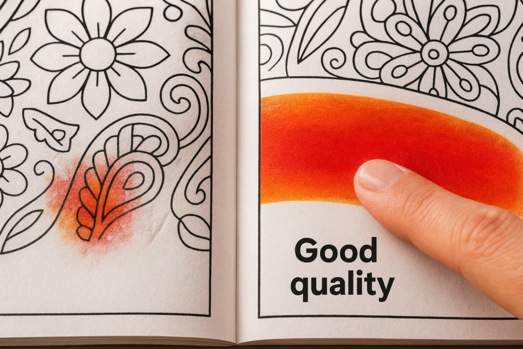 Guide to Colouring Books: Tips, Techniques & Creative Uses 5 A close-up comparison of two papers: thin paper on the left showing marker bleed-through, and thick paper on the right showing smooth, contained marker colour.
