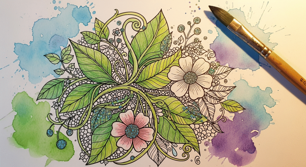 Guide to Colouring Books: Tips, Techniques & Creative Uses 8 A finished colouring page of a floral design, enhanced with mixed media: ink lines, bright watercolour accents, and metallic pen highlights.