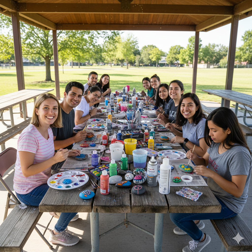 50+ Amazing Rock Painting Ideas: Easy Designs for All Ages & Skill Levels 9 Diverse group of children and adults painting rocks together at an outdoor community table