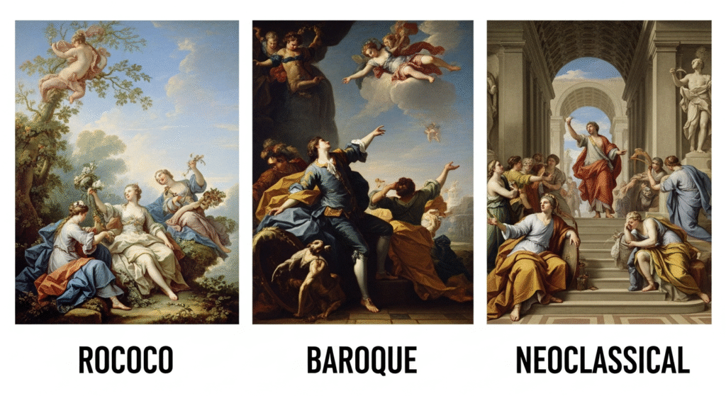 Three paintings comparing Rococo, Baroque, and Neoclassical art styles showing differences in composition and color