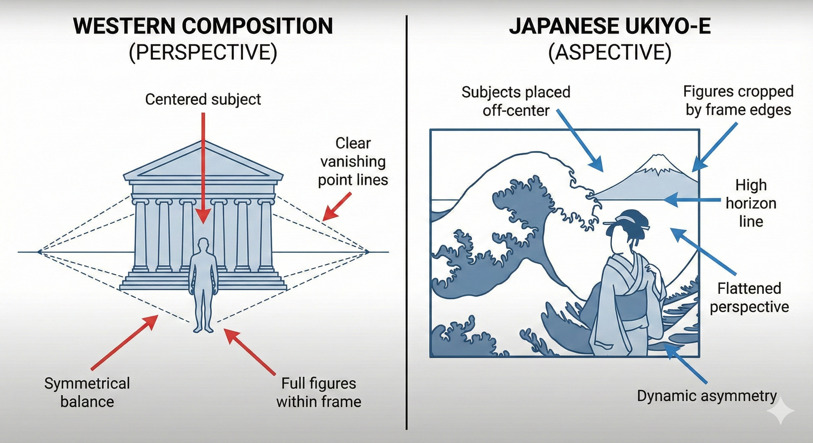 Side-by-side comparison diagram showing traditional Western centered composition with single vanishing point versus asymmetrical Japanese Ukiyo-e layout with cropped elements and flattened perspective