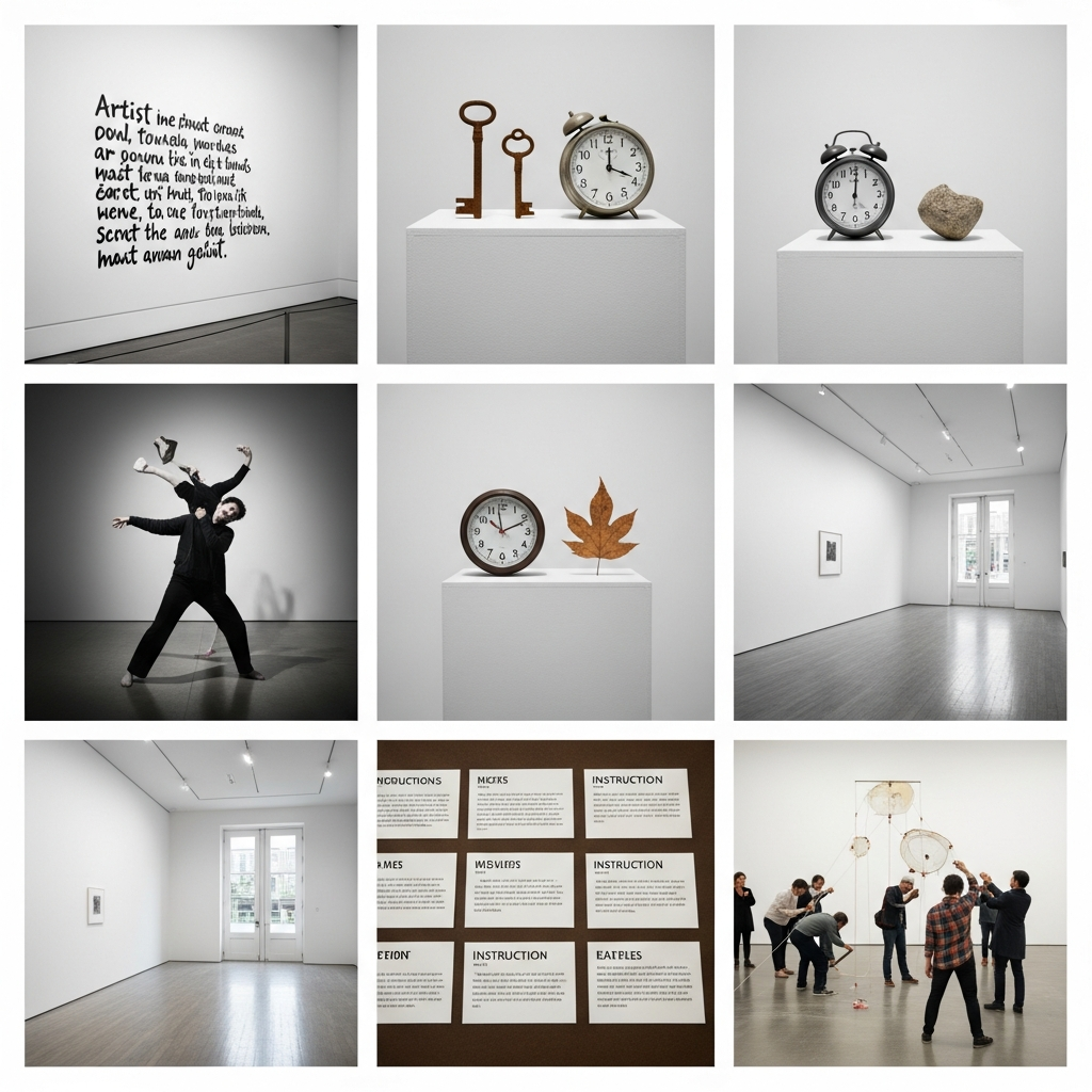 Collage showing diverse materials used in conceptual art including text, found objects, performance documentation, and empty gallery spaces