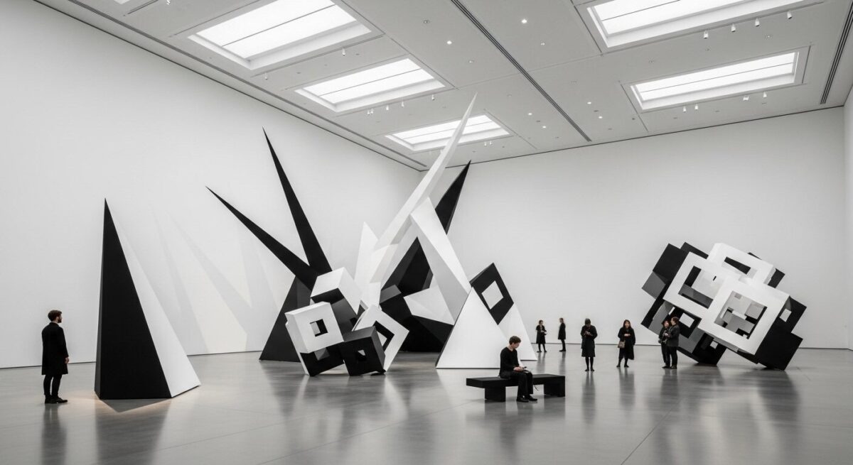 Conceptual art ideas: Modern conceptual art installation in contemporary gallery showing abstract forms and viewer interaction