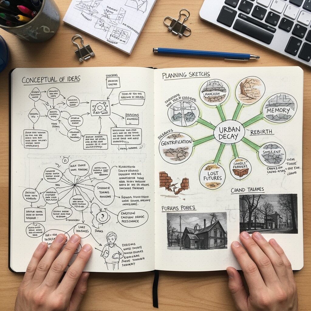 Conceptual artist's notebook showing planning sketches, notes, and conceptual diagrams for art project development