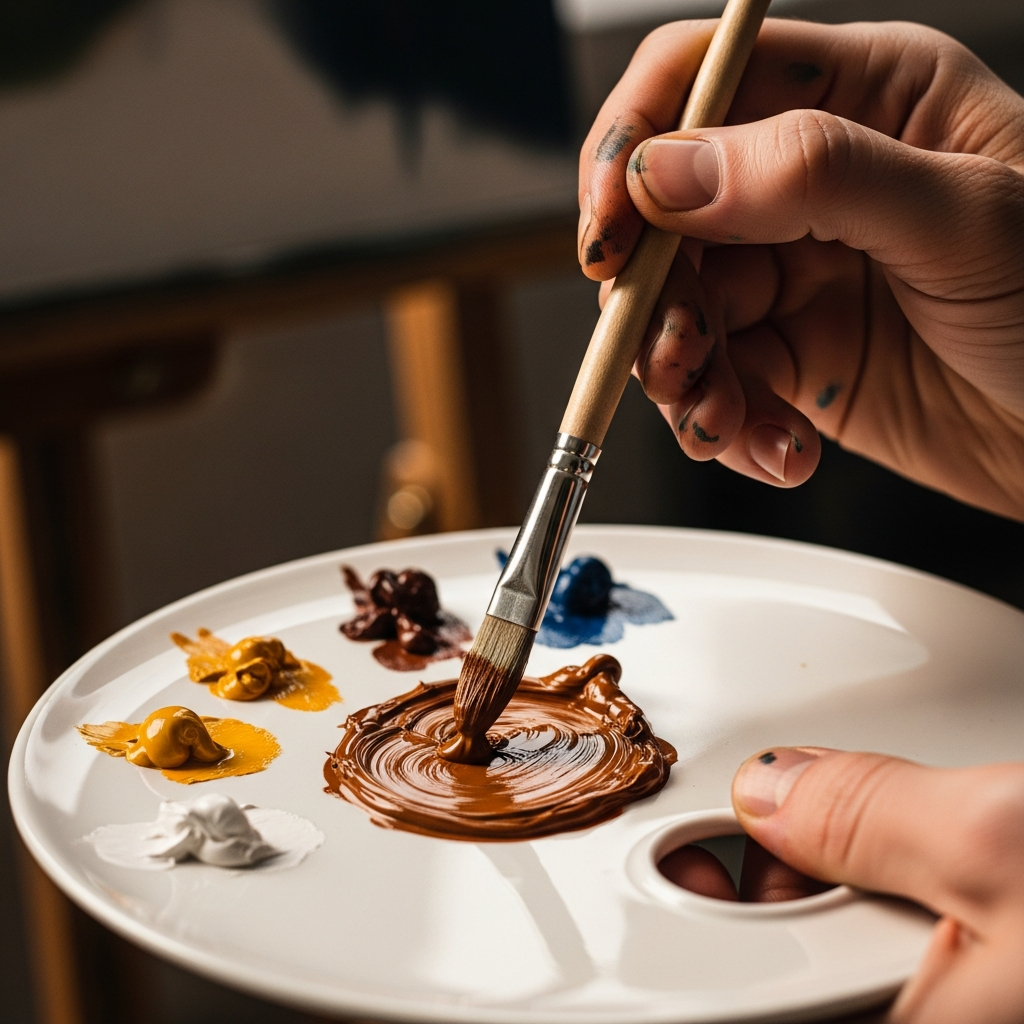 How to Make Brown Paint: Your Ultimate Guide to Mixing Perfect Shades 11 Artist's hand with paintbrush dipping into a perfectly mixed brown paint on a palette, signifying the completion and mastery of color mixing.