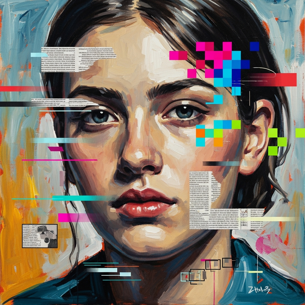 Contemporary abstract portrait combining traditional paint with digital elements and collage