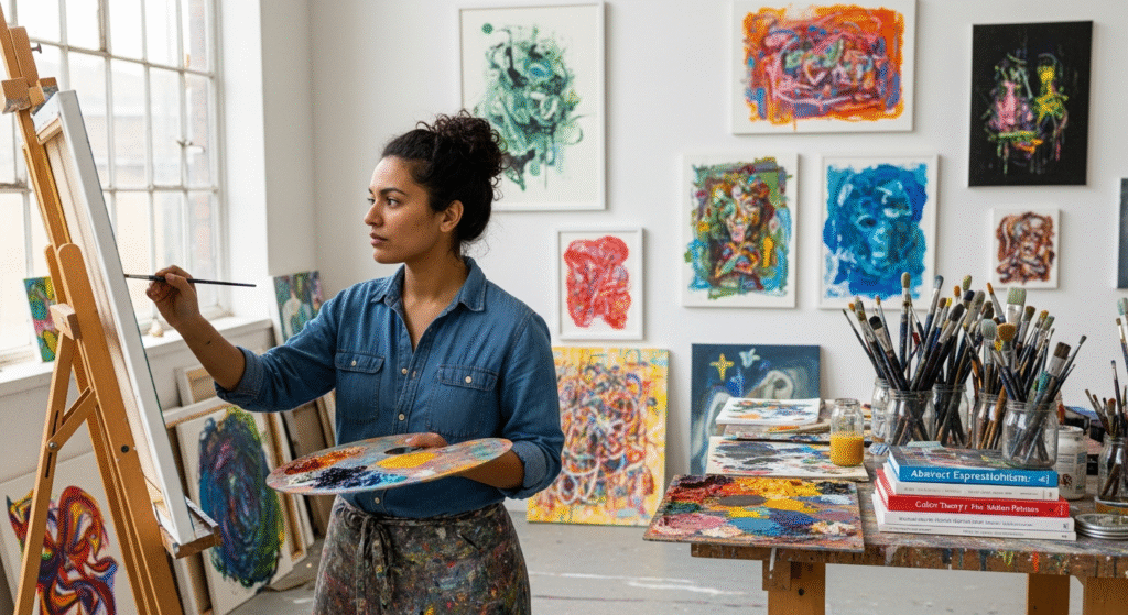 Developing your unique art style: Artist developing unique art style while painting in studio with various artworks displayed