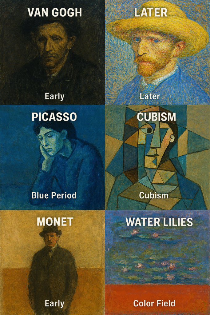 Side-by-side comparison showing style evolution of famous painters from early to mature work