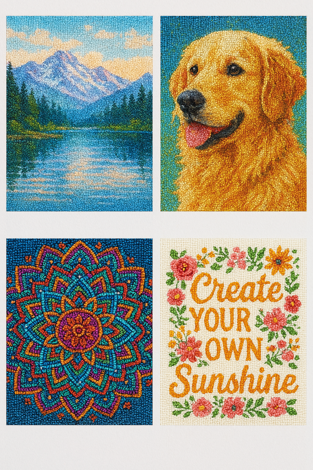 Diamond Painting for Adults: The Ultimate Guide to This Relaxing Creative Hobby 7 Collection of completed diamond paintings showing various design categories including landscape, pet portrait, mandala, and inspirational quote