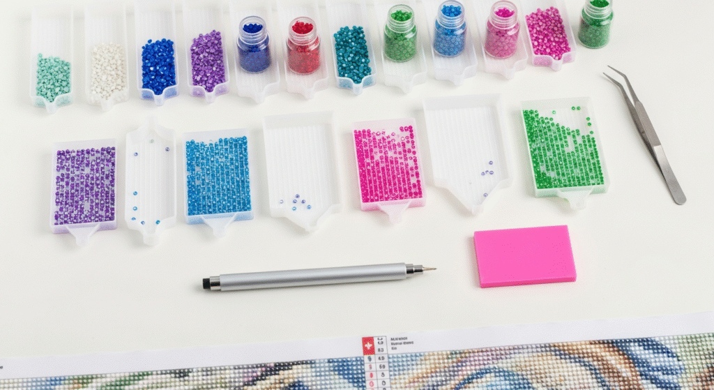 Diamond Painting for Adults: The Ultimate Guide to This Relaxing Creative Hobby 3 Diamond Painting for Adults: Complete diamond painting supplies organized on a white craft table with multicolored resin diamonds, applicator pen, wax pad, and sorting trays