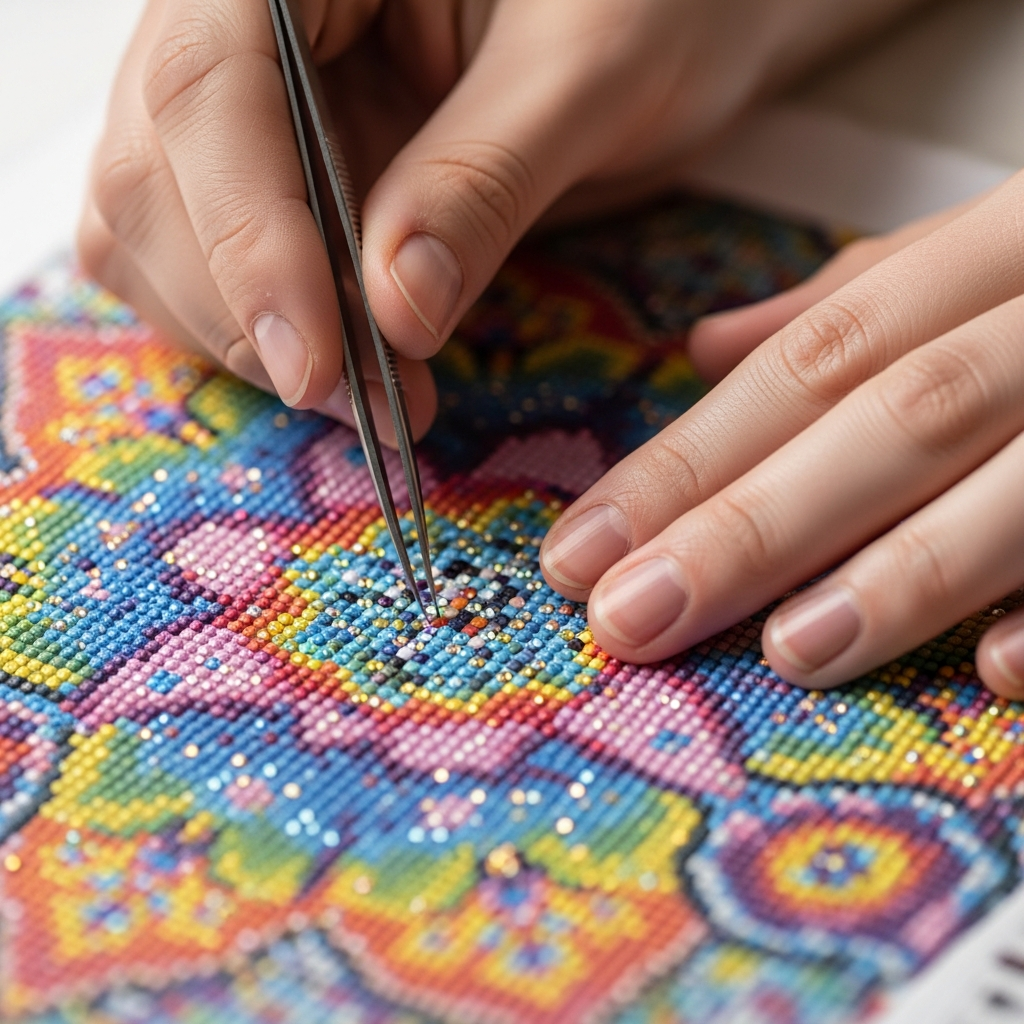 Diamond Painting for Adults: The Ultimate Guide to This Relaxing Creative Hobby 8 Close-up of hands using tweezers to fix a misplaced diamond on a colorful diamond painting canvas