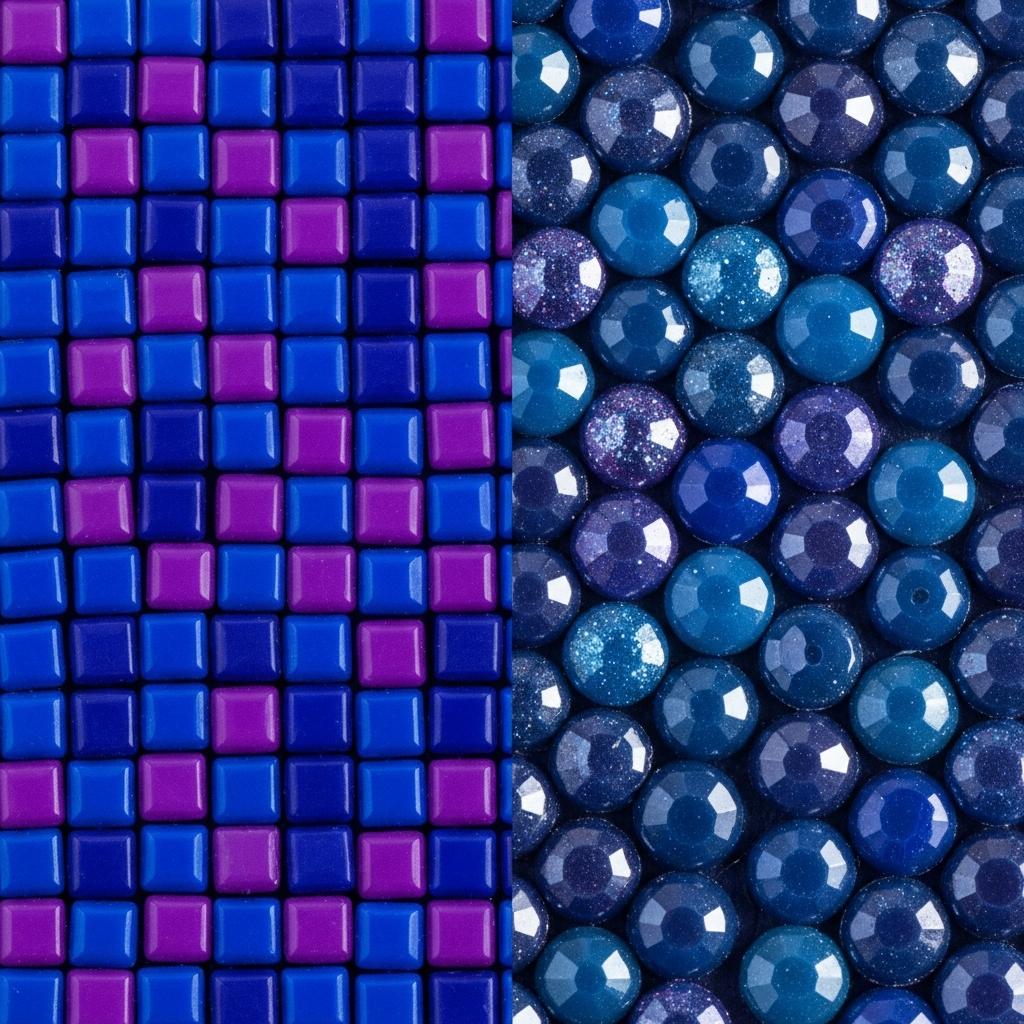 Diamond Painting for Adults: The Ultimate Guide to This Relaxing Creative Hobby 6 Side-by-side comparison of square versus round diamond painting drills showing different coverage patterns and sparkle effects