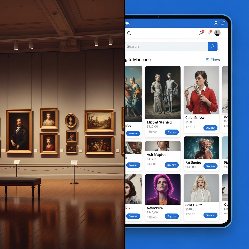Who Really Controls the Art World? The Art Power Index Explained 4 Split-screen image showing traditional art gallery on one side and modern digital art marketplace interface on the other