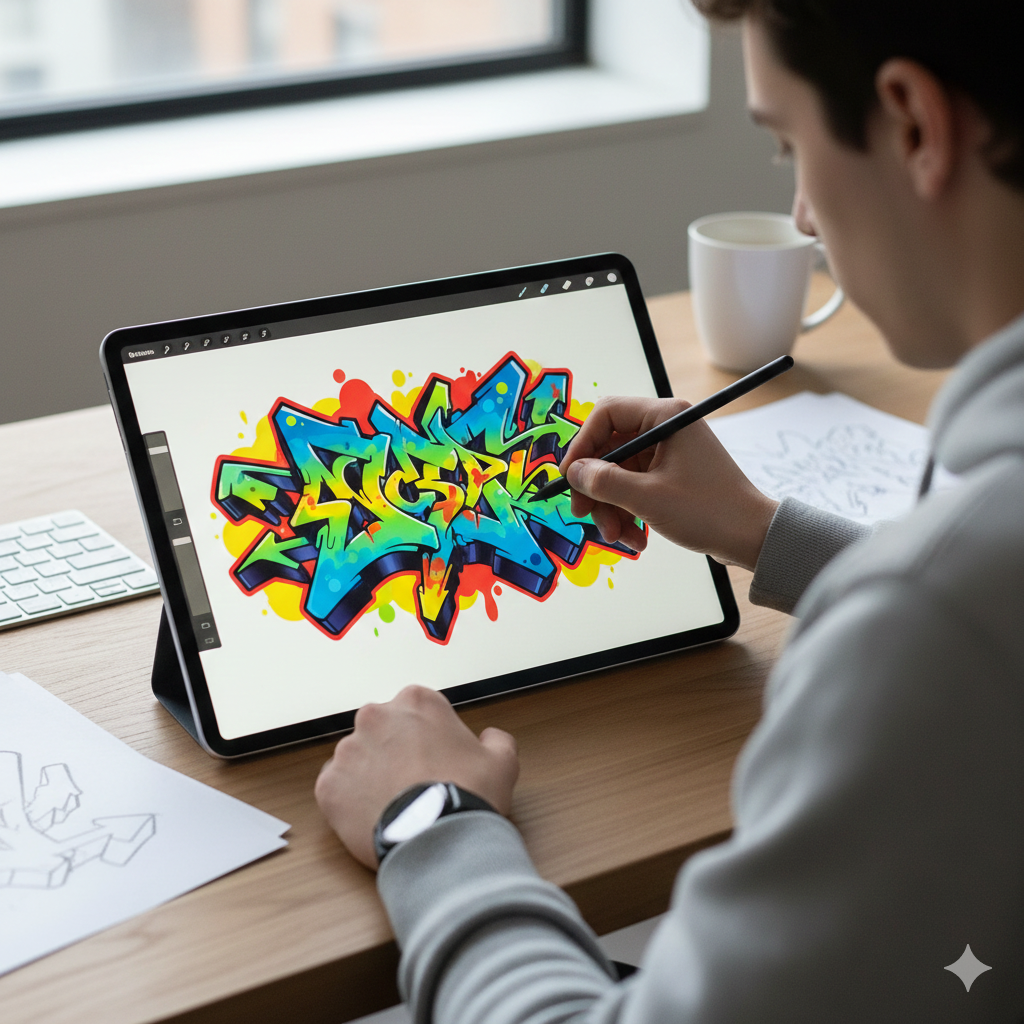 The Art of the Tag: A Deep Dive into Letter Graffiti Art 9 Artist using stylus to create colorful graffiti letters on digital tablet screen