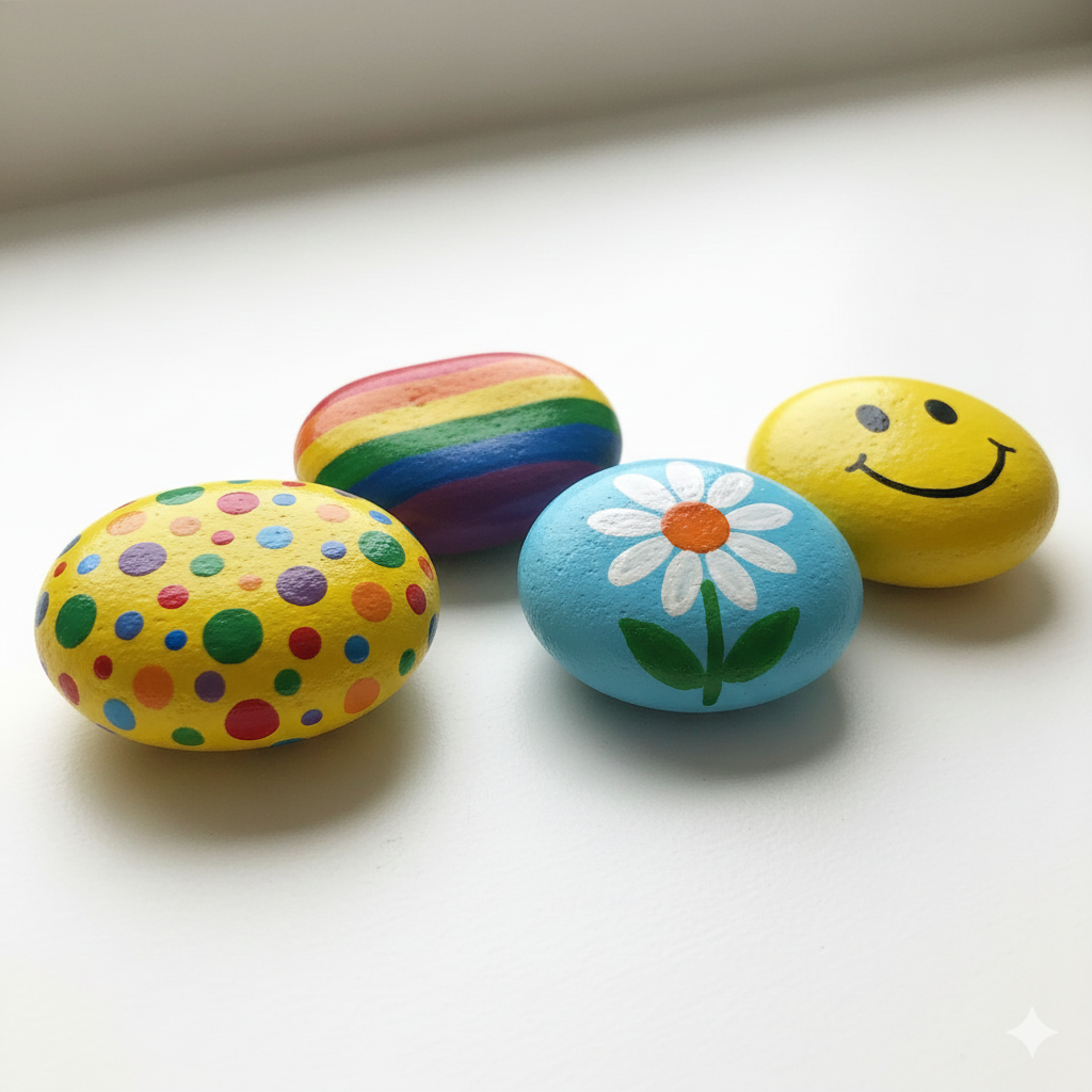 50+ Amazing Rock Painting Ideas: Easy Designs for All Ages & Skill Levels 6 Four painted rocks showing simple designs: polka dots, stripes, a basic flower, and a smiley face