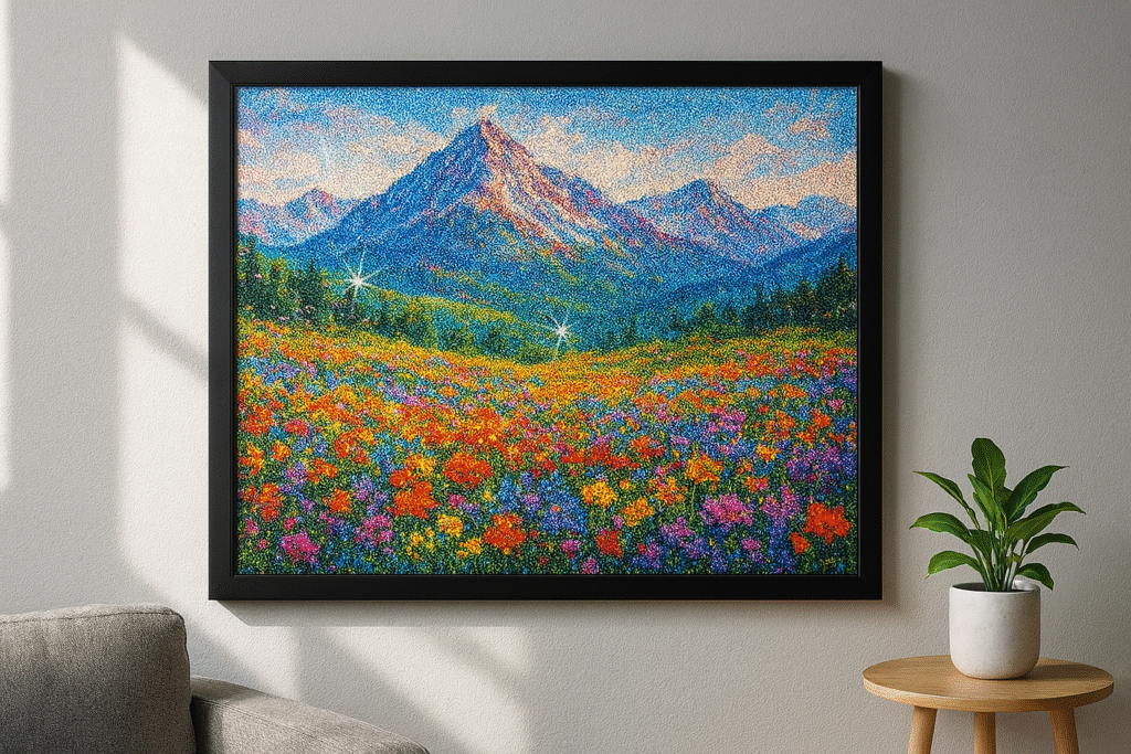 Diamond Painting for Adults: The Ultimate Guide to This Relaxing Creative Hobby 9 Large professionally framed completed diamond painting of colorful landscape displayed on living room wall with natural lighting highlighting sparkle