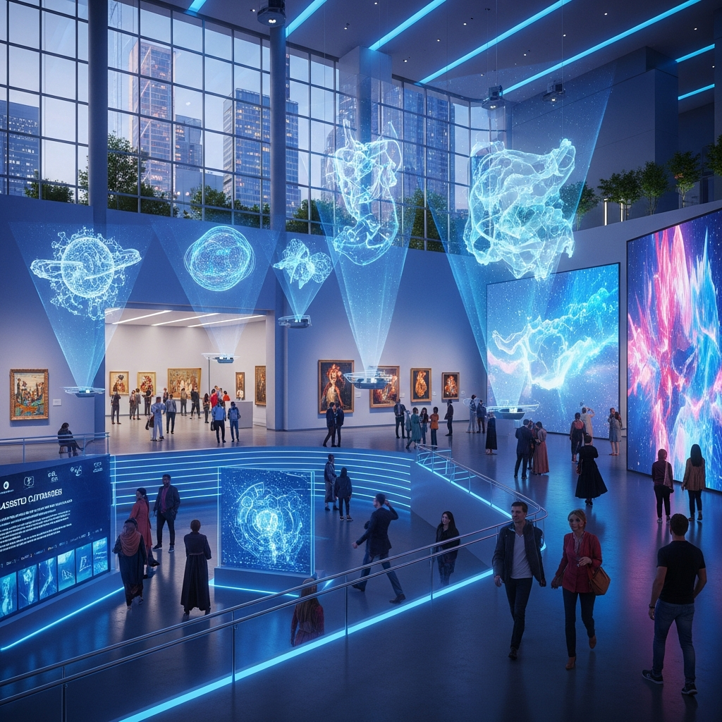 Who Really Controls the Art World? The Art Power Index Explained 7 Futuristic art gallery with holographic displays, diverse international visitors, and AI-assisted curation systems