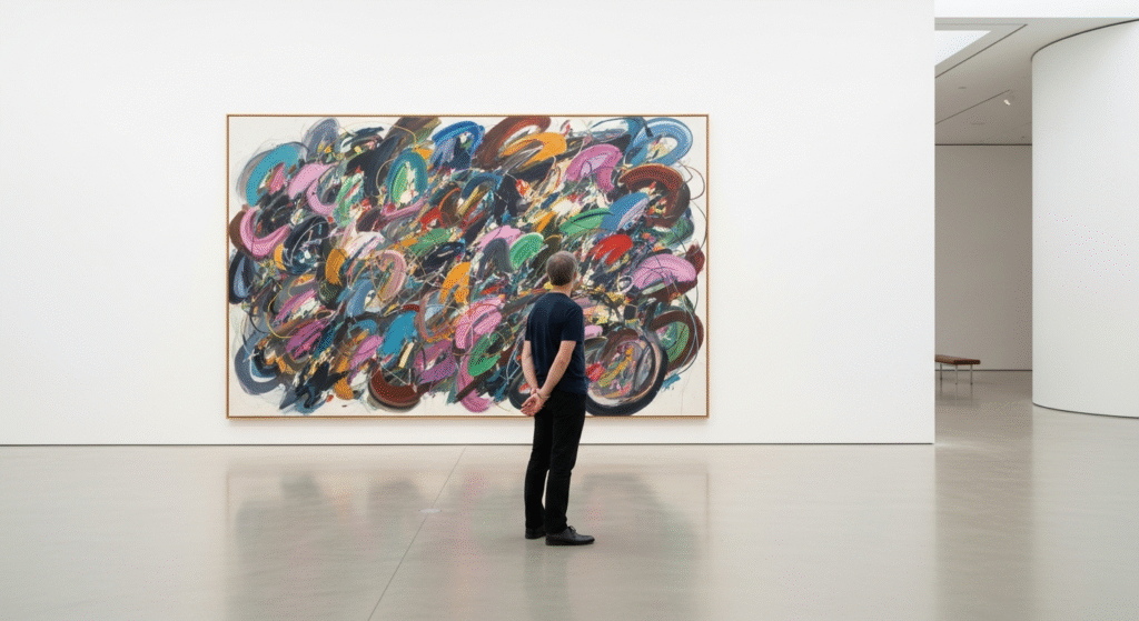 Decoding Abstract Art: What Makes a Good Abstract Painting Truly Great? 8 Gallery visitor contemplating large abstract painting on wall