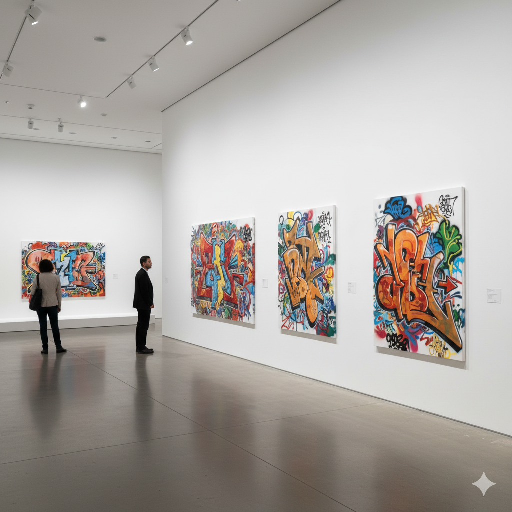 The Art of the Tag: A Deep Dive into Letter Graffiti Art 8 Gallery exhibition showcasing large-scale graffiti artworks displayed on white museum walls