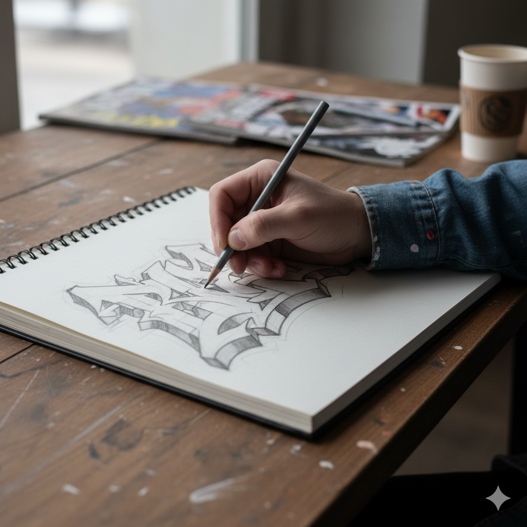 The Art of the Tag: A Deep Dive into Letter Graffiti Art 7 Close-up of artist's hand sketching elaborate graffiti letter designs in a black notebook