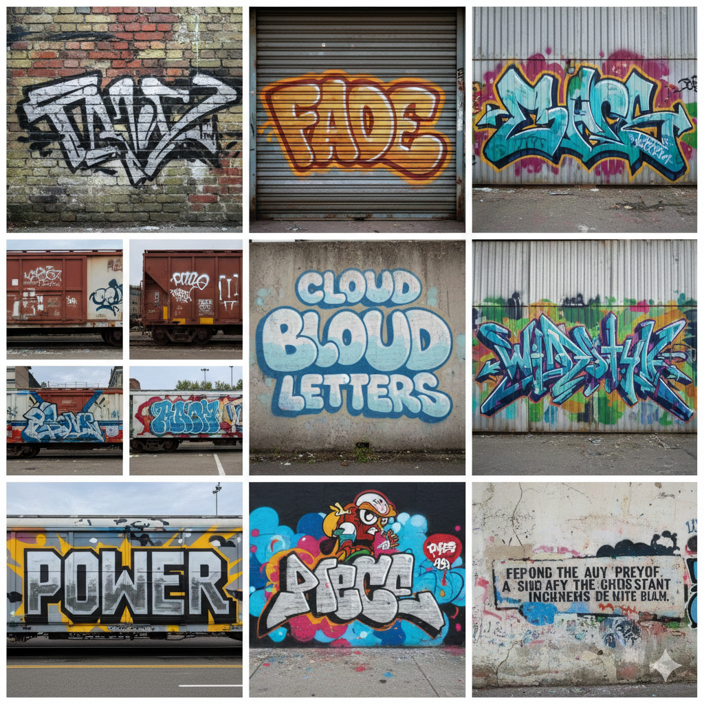The Art of the Tag: A Deep Dive into Letter Graffiti Art 10 Collage showing diverse graffiti letter styles from tags to complex pieces on various urban surfaces