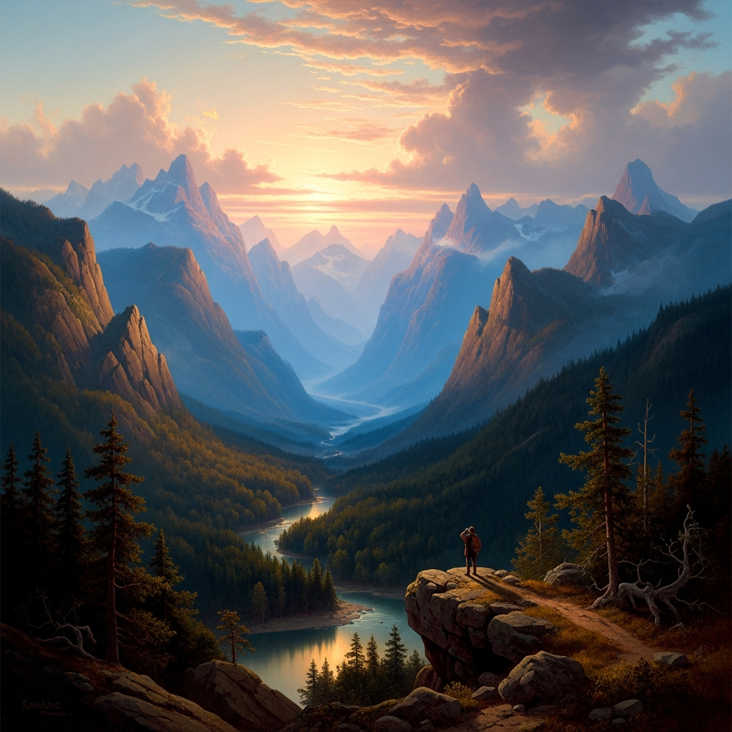 Hudson River School style painting showing dramatic mountain vista with atmospheric perspective and romantic lighting