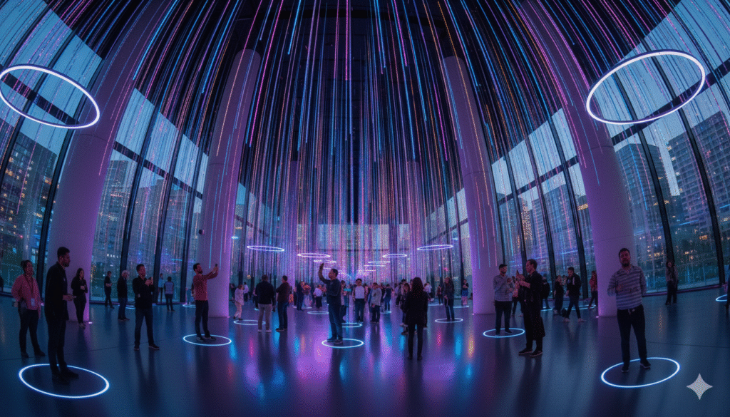 Installation Art Explained: A Guide to Immersive & Transformative Experiences 3 People admiring a glowing, interactive installation art piece in a museum gallery, fully immersed in the experience