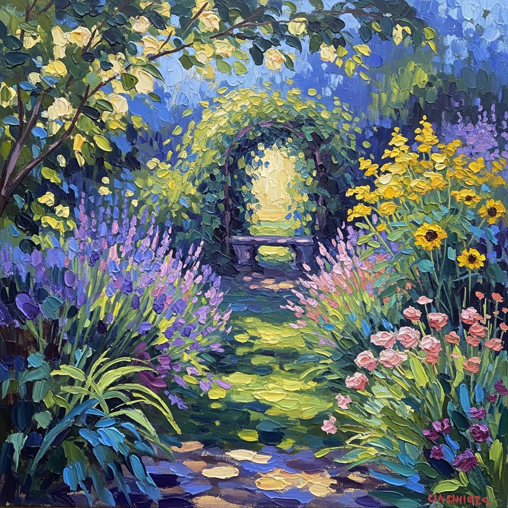  Example of Impressionist painting style showing loose, visible brushstrokes, bright complementary colors, and outdoor lighting effects typical of the movement