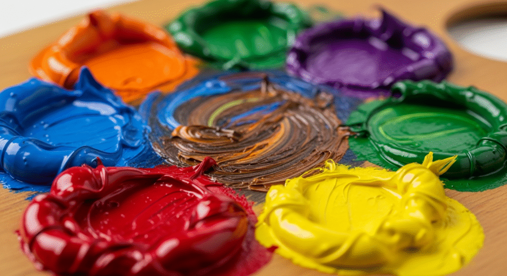 How to Make Brown Paint: Your Ultimate Guide to Mixing Perfect Shades 4 Paint palette with red, yellow, blue, orange, green, and purple paints beginning to swirl, illustrating color mixing concepts.