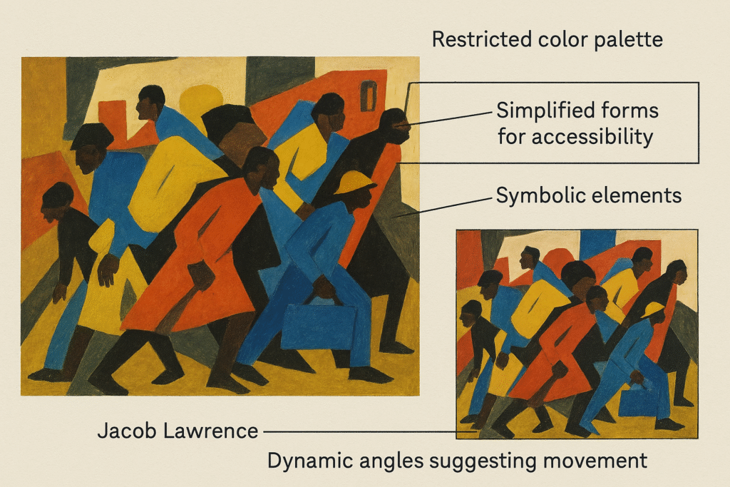 Analysis diagram of Jacob Lawrence Migration Series painting showing bold color use, simplified geometric composition, and narrative storytelling elements