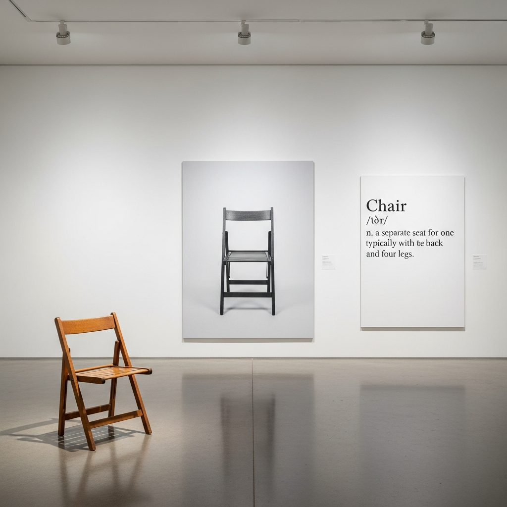 Joseph Kosuth's One and Three Chairs showing physical chair, photograph of chair, and dictionary definition exploring representation in conceptual art