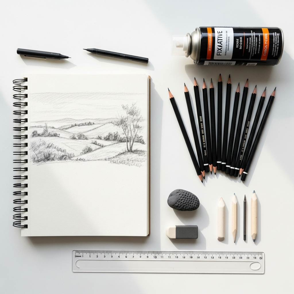 Mastering Landscape Drawing: A Comprehensive Guide for Beginners 5 Essential art supplies for landscape drawing including graphite pencils, sketchbook, erasers, and blending tools